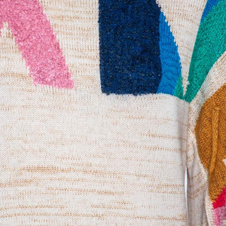 Pre Owned Chanel Multicolored Logo Intarsia Knit Cutout Sleeve Sweater M