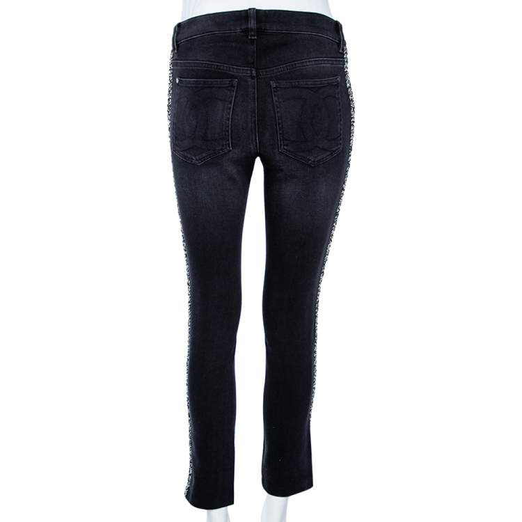 Pre Owned Chanel Black Denim Trimmed Straight Leg Jeans S