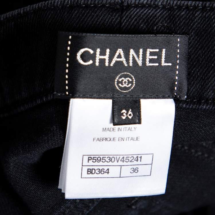 Pre Owned Chanel Black Denim Trimmed Straight Leg Jeans S