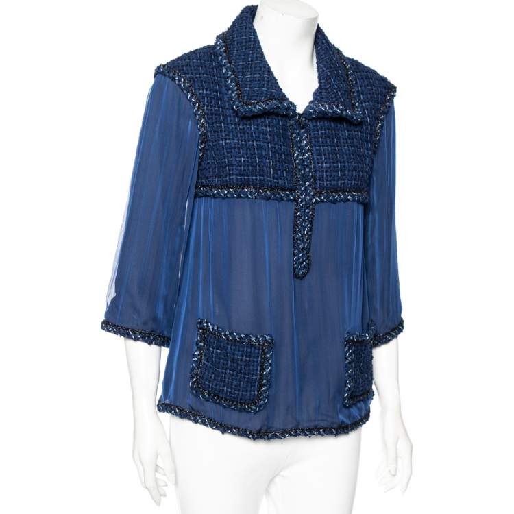 Pre Owned Chanel Blue Tweed & Silk Inset Zipped Neck Blouse M
