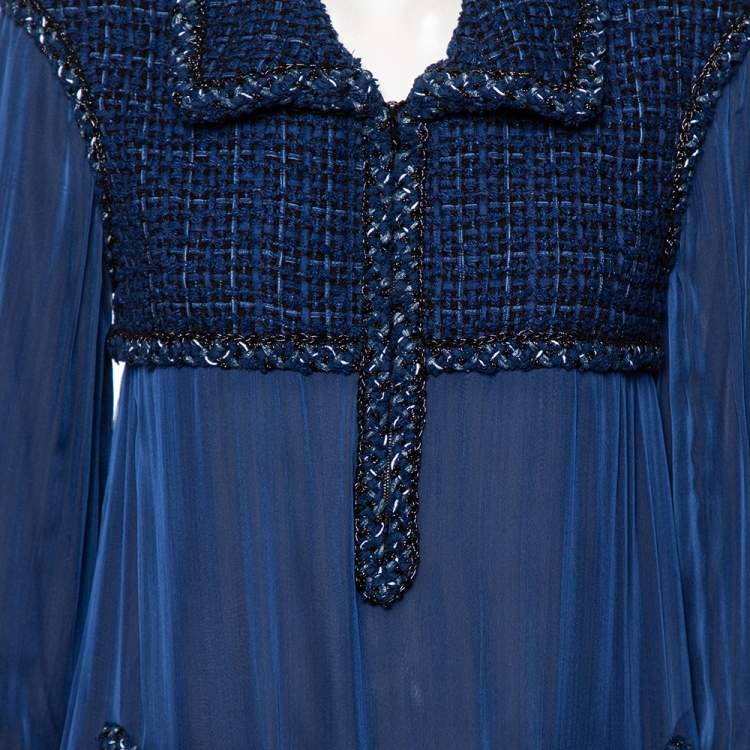 Pre Owned Chanel Blue Tweed & Silk Inset Zipped Neck Blouse M