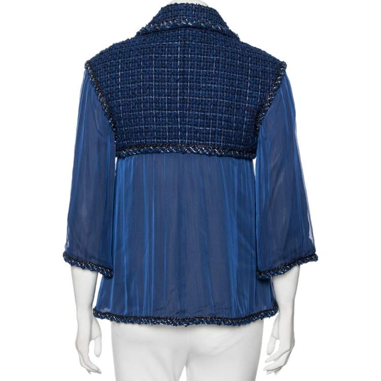 Pre Owned Chanel Blue Tweed & Silk Inset Zipped Neck Blouse M
