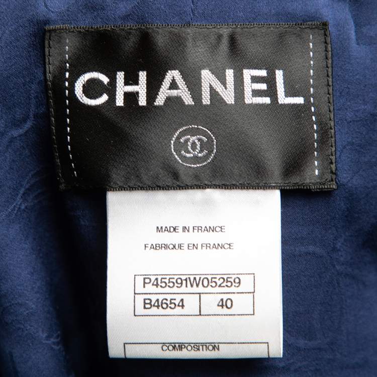 Pre Owned Chanel Blue Tweed & Silk Inset Zipped Neck Blouse M