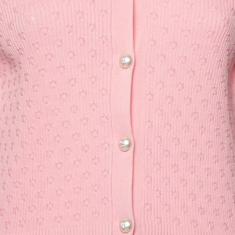Pre Owned Chanel Pink Patterned Knit La Pausa Pearl Embellished Cardigan M