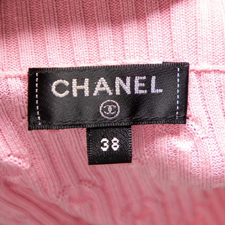 Pre Owned Chanel Pink Patterned Knit La Pausa Pearl Embellished Cardigan M