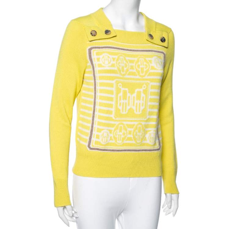 Pre Owned Hermes Yellow Intarsia Knit Cashmere Long Sleeve Jumper M