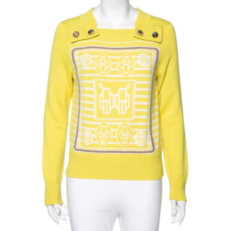 Pre Owned Hermes Yellow Intarsia Knit Cashmere Long Sleeve Jumper M