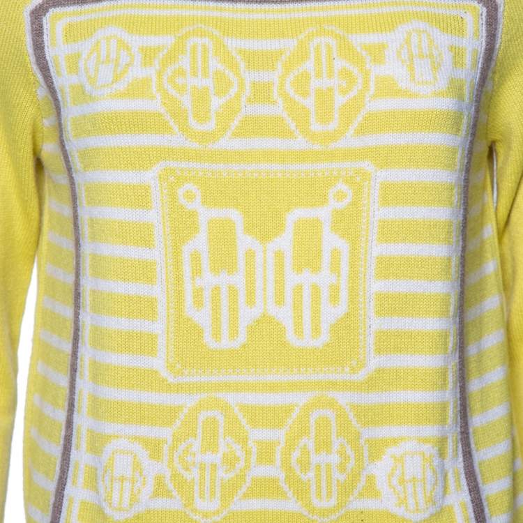 Pre Owned Hermes Yellow Intarsia Knit Cashmere Long Sleeve Jumper M