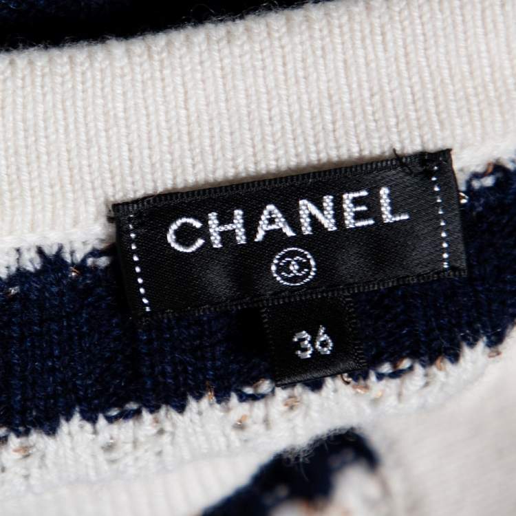 Pre Owned Chanel Navy Blue Striped Sequin Embellished Wool Button Front Cardigan S