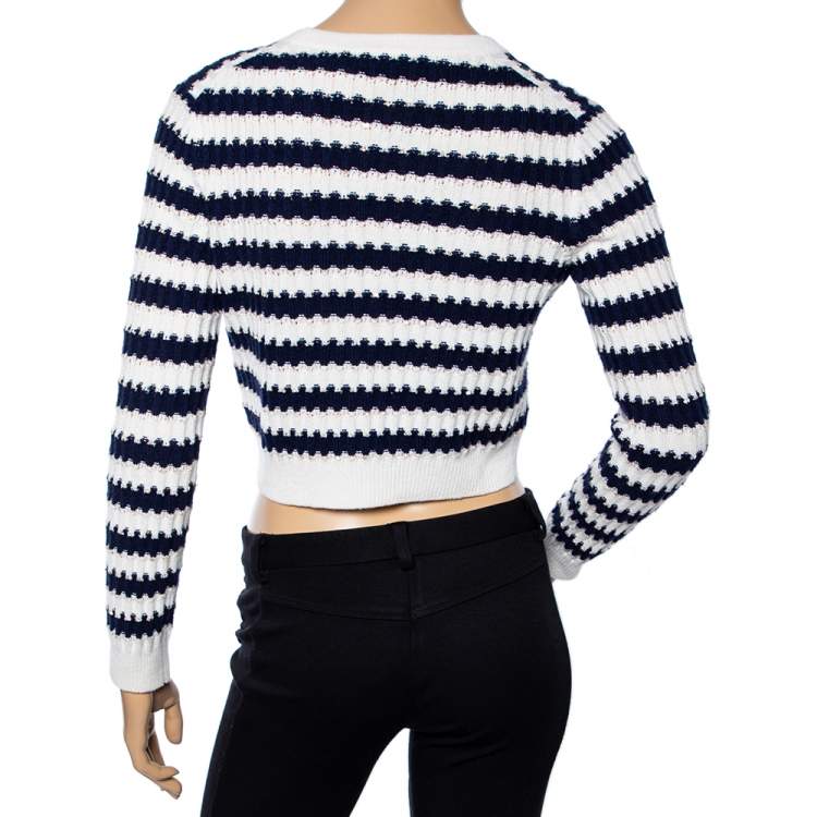 Pre Owned Chanel Navy Blue Striped Sequin Embellished Wool Button Front Cardigan S