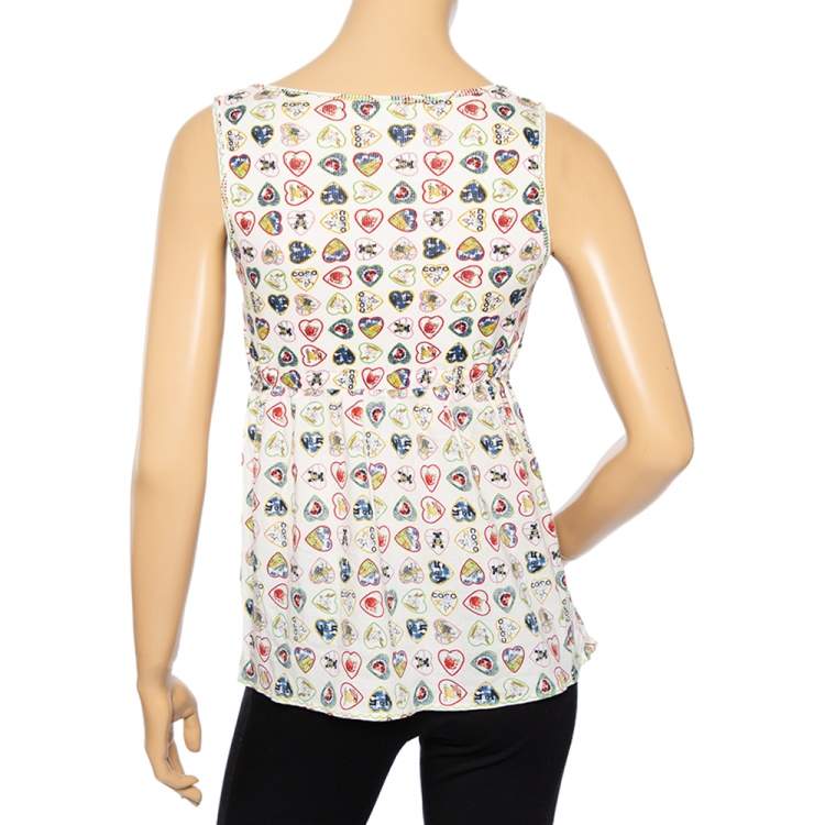 Pre Owned Chanel White Knit Heart Printed Sleeveless Tank Top M