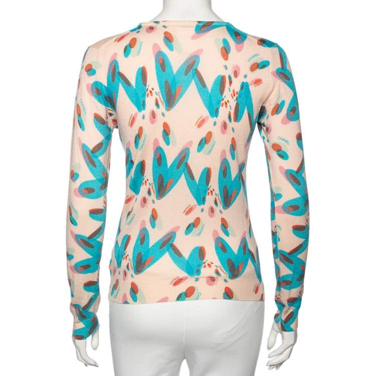 Pre Owned Chanel Pink Heart Printed Cashmere Long Sleeve Sweater M