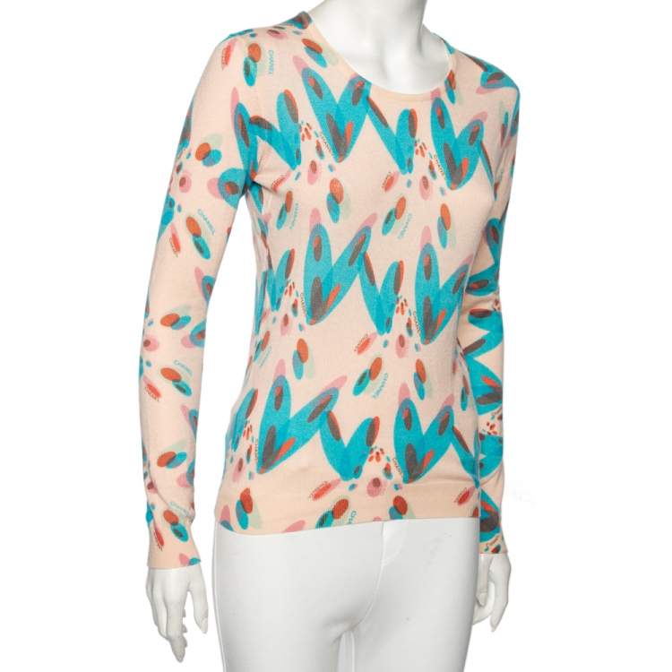 Pre Owned Chanel Pink Heart Printed Cashmere Long Sleeve Sweater M