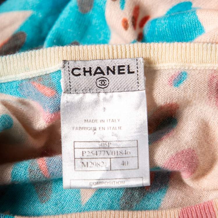 Pre Owned Chanel Pink Heart Printed Cashmere Long Sleeve Sweater M