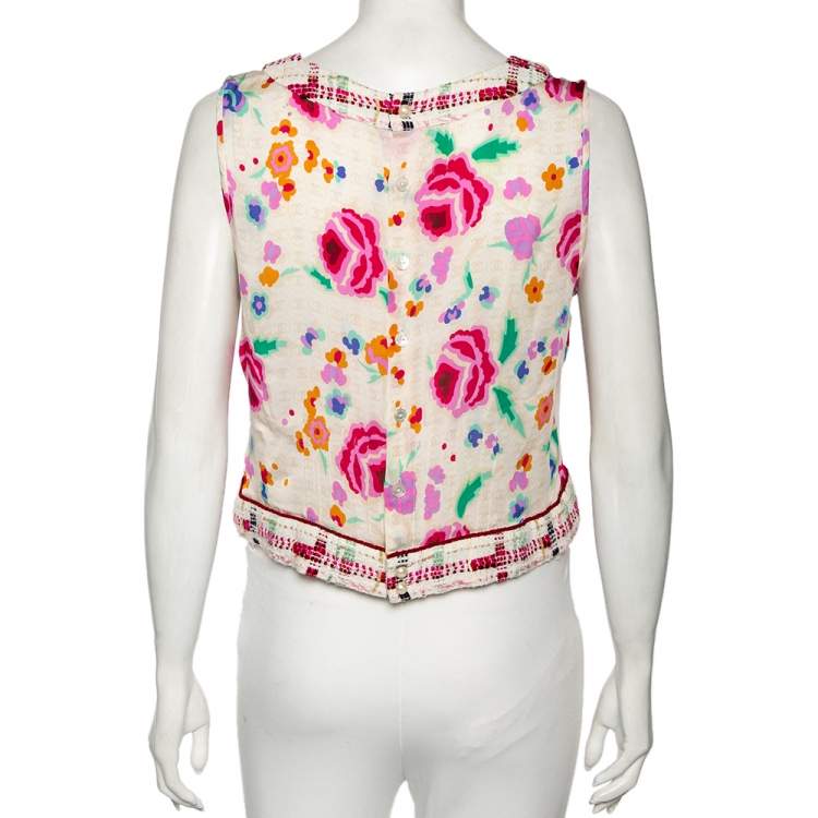 مملوكة مسبقًا Chanel Multicolor Printed Silk & Tweed Trim Sleeveless Top L