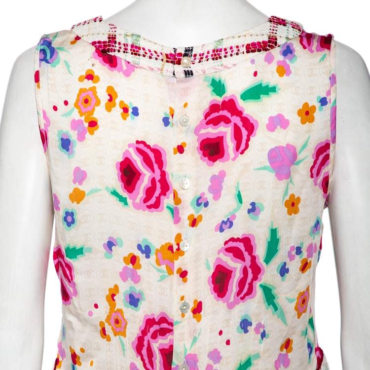 مملوكة مسبقًا Chanel Multicolor Printed Silk & Tweed Trim Sleeveless Top L