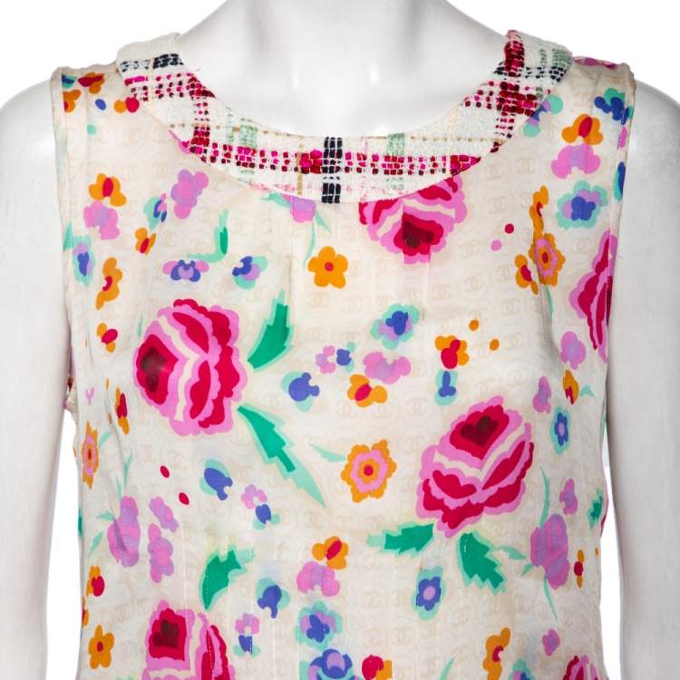 مملوكة مسبقًا Chanel Multicolor Printed Silk & Tweed Trim Sleeveless Top L