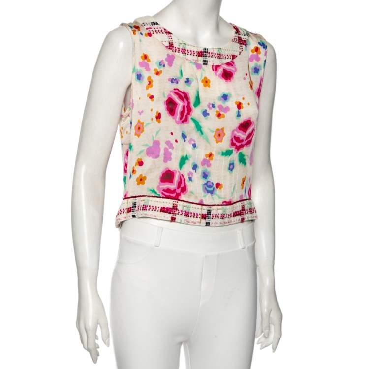 مملوكة مسبقًا Chanel Multicolor Printed Silk & Tweed Trim Sleeveless Top L