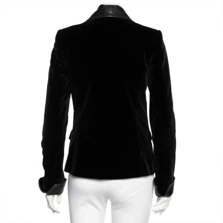 Pre Owned Chanel Black Velvet & Leather Inset Embellished Single Breasted Blazer M