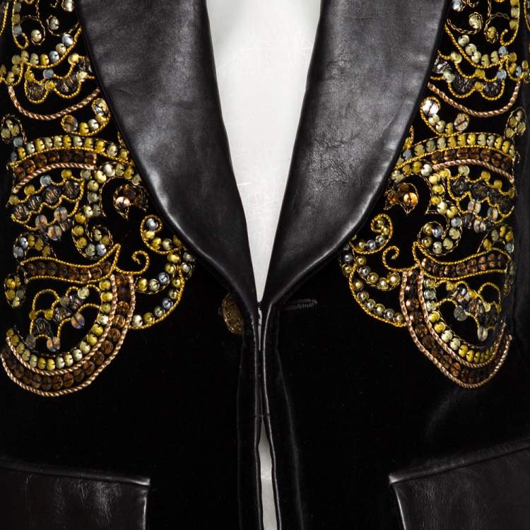Pre Owned Chanel Black Velvet & Leather Inset Embellished Single Breasted Blazer M