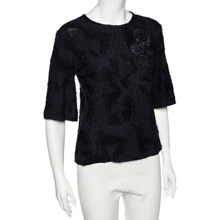 Pre Owned Chanel Navy Blue Textured Cotton Floral Broach Detailed Top S