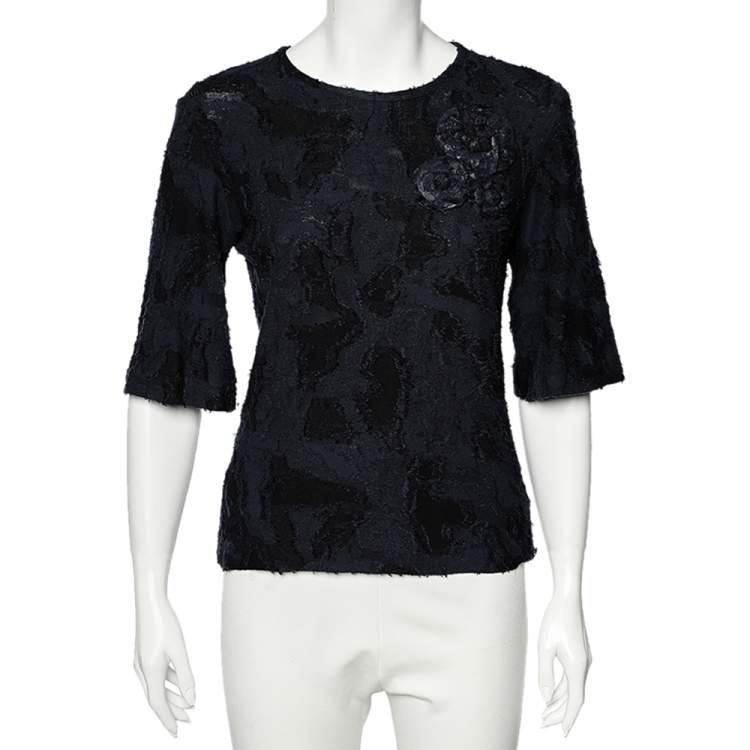 Pre Owned Chanel Navy Blue Textured Cotton Floral Broach Detailed Top S