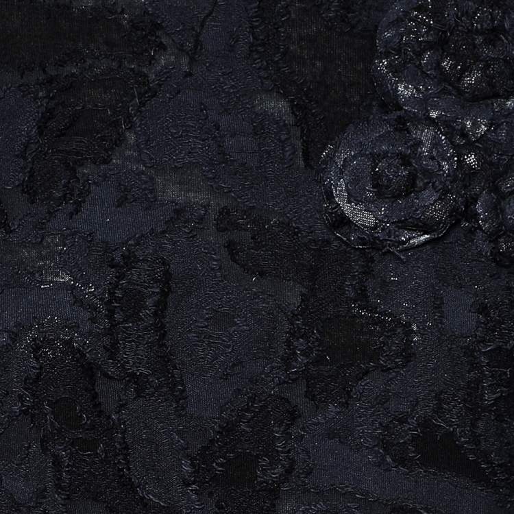 Pre Owned Chanel Navy Blue Textured Cotton Floral Broach Detailed Top S