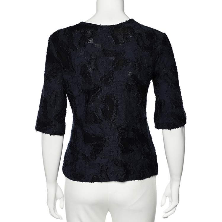 Pre Owned Chanel Navy Blue Textured Cotton Floral Broach Detailed Top S