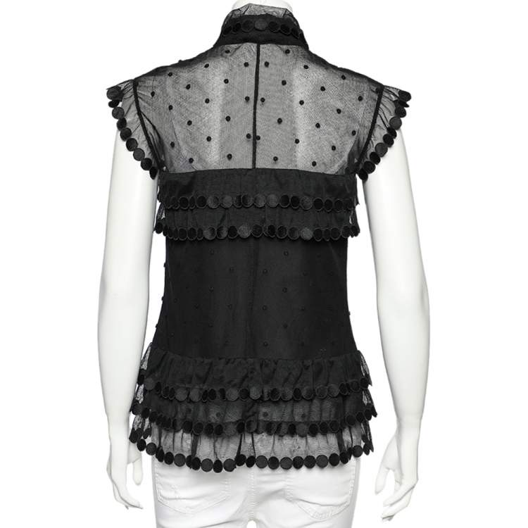 Pre Owned Chanel Black Patterned Mesh Tiered Short Sleeve Top M