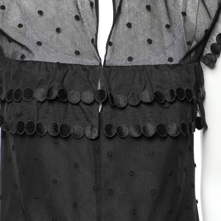 Pre Owned Chanel Black Patterned Mesh Tiered Short Sleeve Top M