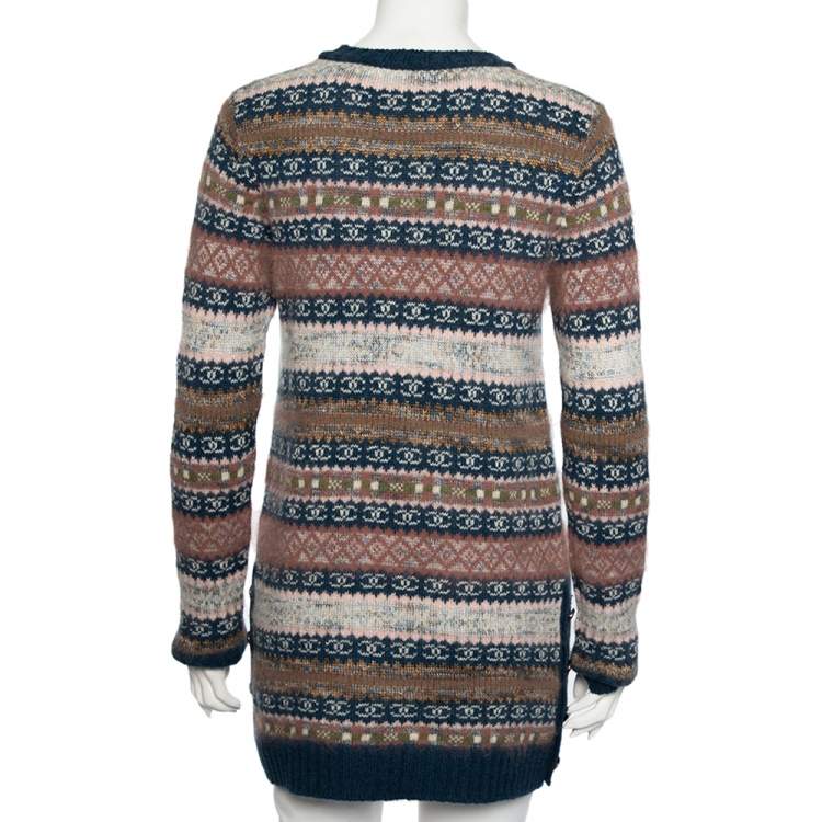 Pre Owned Chanel Multicolor Cashmere & Wool Knit Long Sweater M