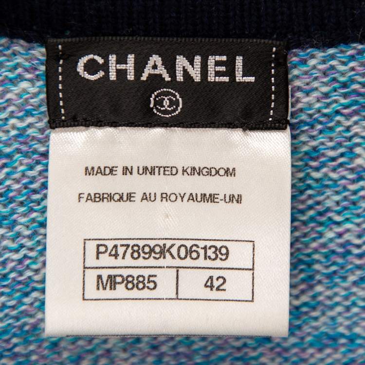 Pre Owned Chanel Blue Cashmere Knit Contrast Trimmed Button Front Cardigan L