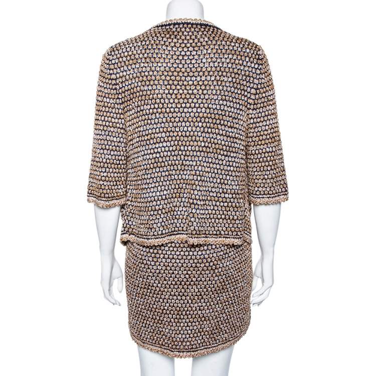 Pre Owned Chanel Beige & Blue Tweed Open Front Jacket & Short Skirt Set M