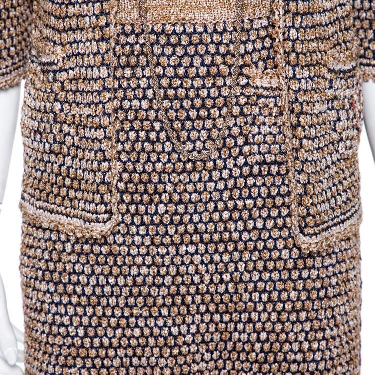 Pre Owned Chanel Beige & Blue Tweed Open Front Jacket & Short Skirt Set M