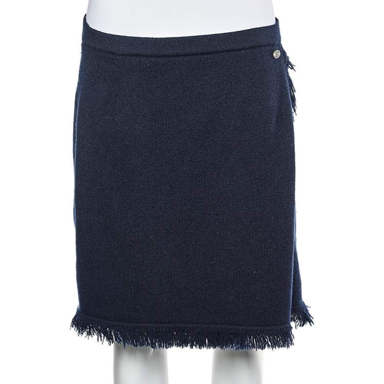 Chanel Navy Blue Cashmere Fringed Faux Wrap Mini Skirt M Chanel | TLC