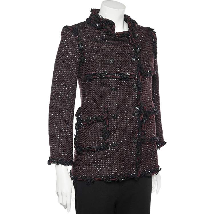 Pre Owned Chanel Burgundy Sequined Tweed Double Breasted Jacket S