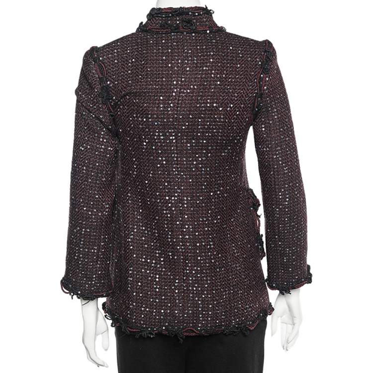 Pre Owned Chanel Burgundy Sequined Tweed Double Breasted Jacket S