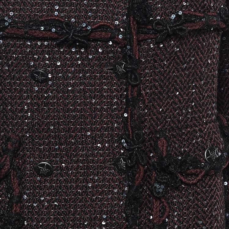 Pre Owned Chanel Burgundy Sequined Tweed Double Breasted Jacket S