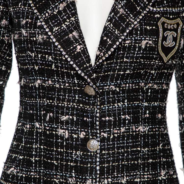 مملوكة مسبقًا Chanel Black Tweed Logo Crest Detail Button Front Jacket S