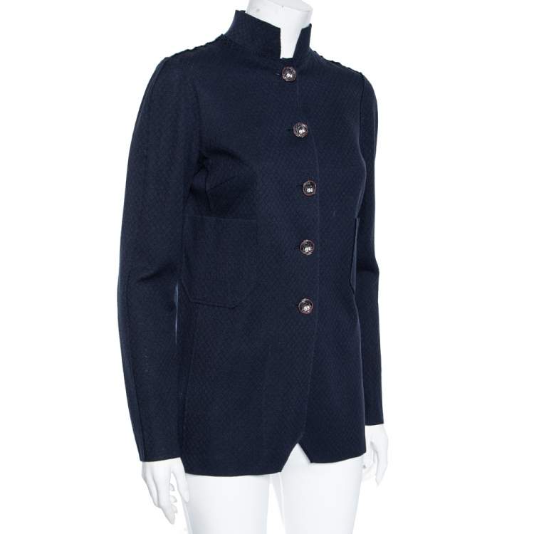 Pre Owned Chanel Navy Blue Patterned Silk Knit Button Front Long Shirt S