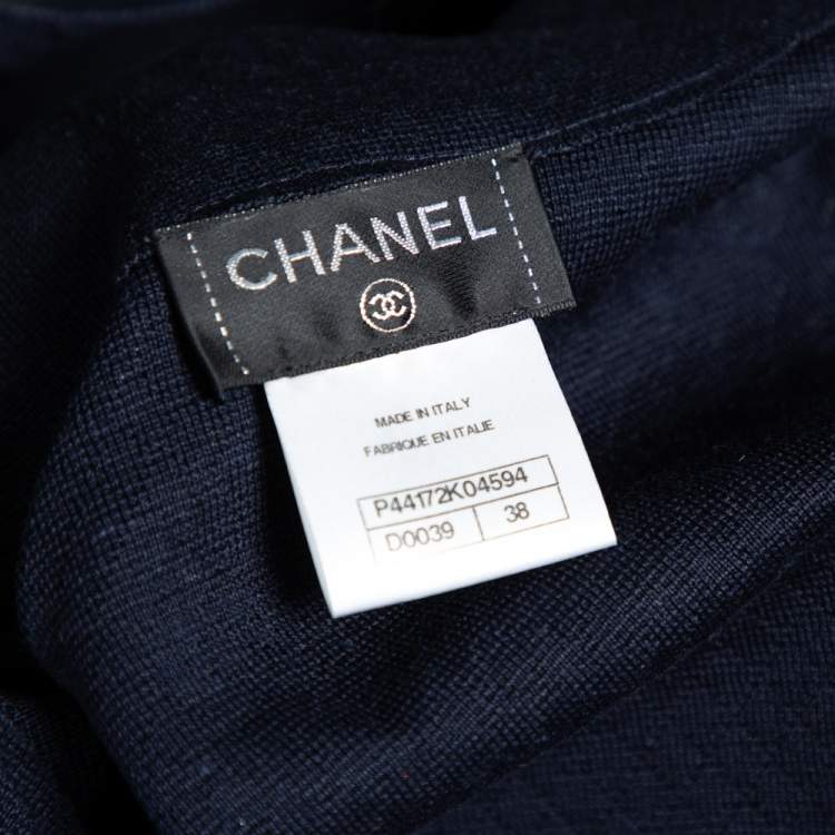 Pre Owned Chanel Navy Blue Patterned Silk Knit Button Front Long Shirt S