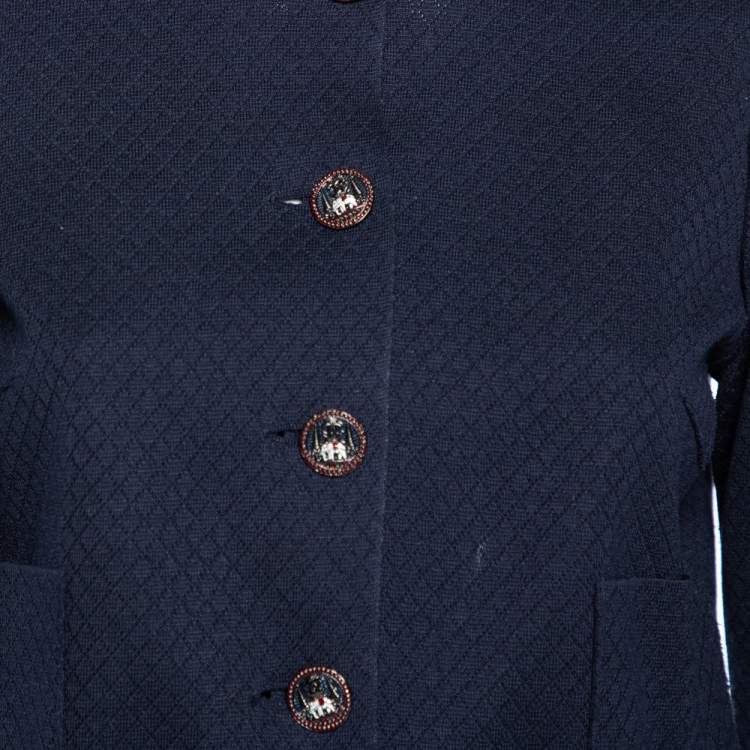 Pre Owned Chanel Navy Blue Patterned Silk Knit Button Front Long Shirt S