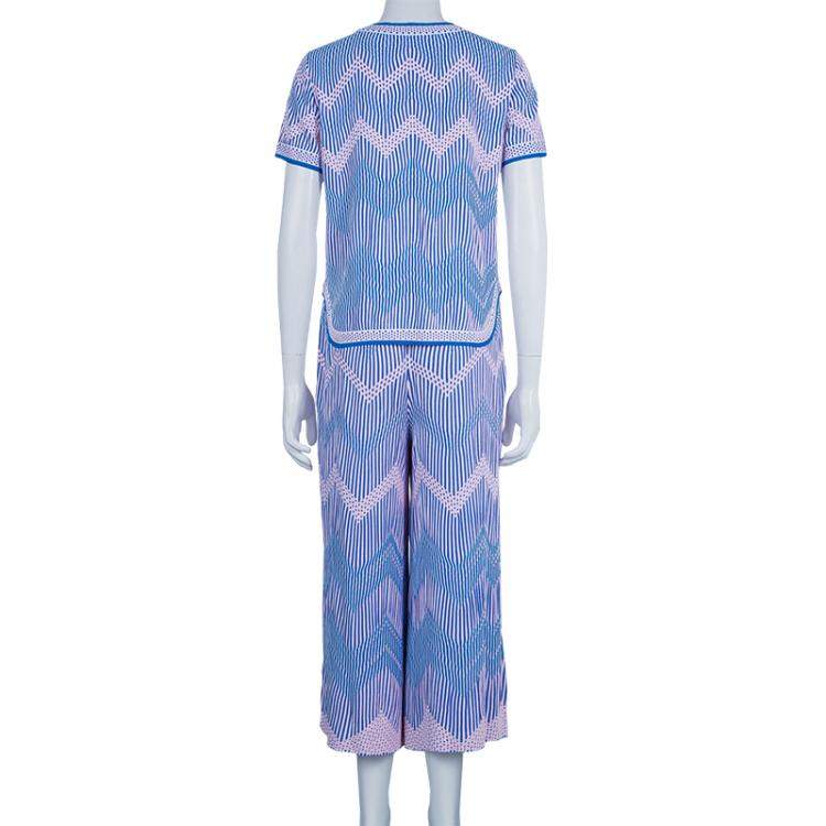 Pre Owned Chanel Blue Jacquard Knit Top And Culottes Set S
