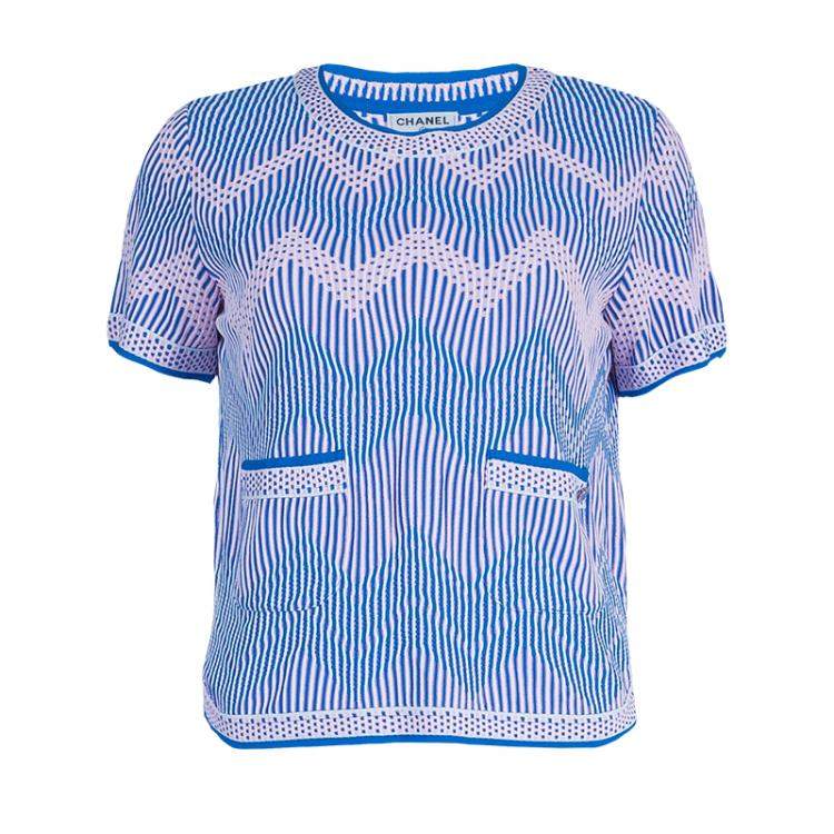 Pre Owned Chanel Blue Jacquard Knit Top And Culottes Set S