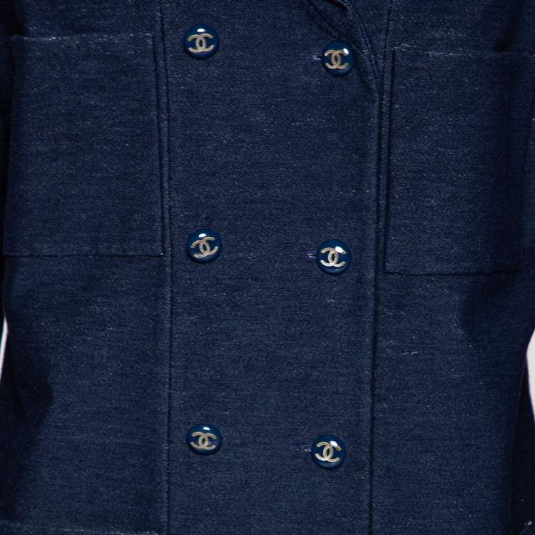 Pre Owned Chanel Rue Cambon Blue Cotton Double Breasted Coat L