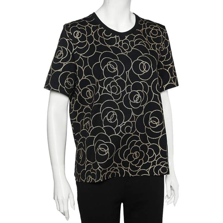 Chanel Black Camellia Foil Print Cotton T-Shirt XL Chanel