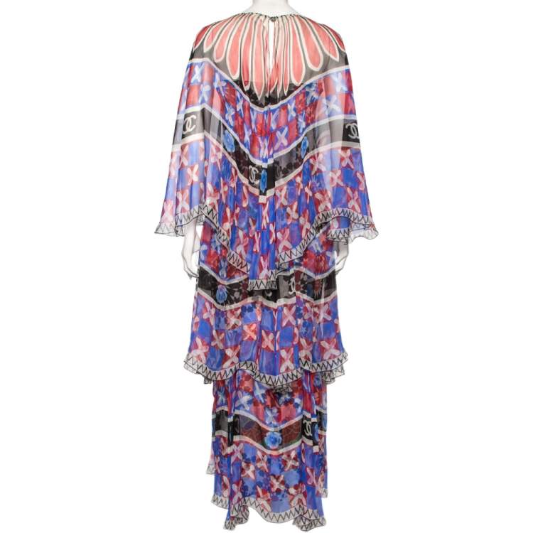 Pre Owned Chanel Multicolored Printed Silk Tiered Cape Dress M
