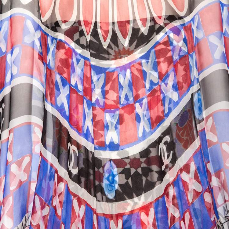 Pre Owned Chanel Multicolored Printed Silk Tiered Cape Dress M