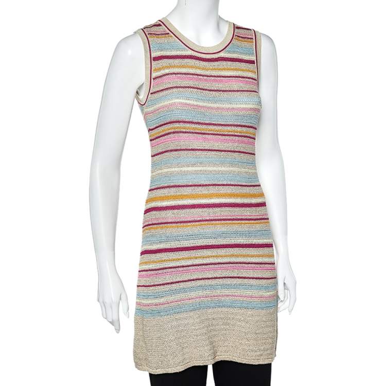 Chanel Multicolor Striped Cotton Knit Sleeveless Dress S Chanel