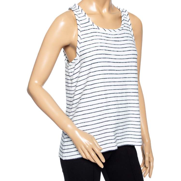 Pre Owned Chanel White Striped Terry Cloth Sleeveless Top M